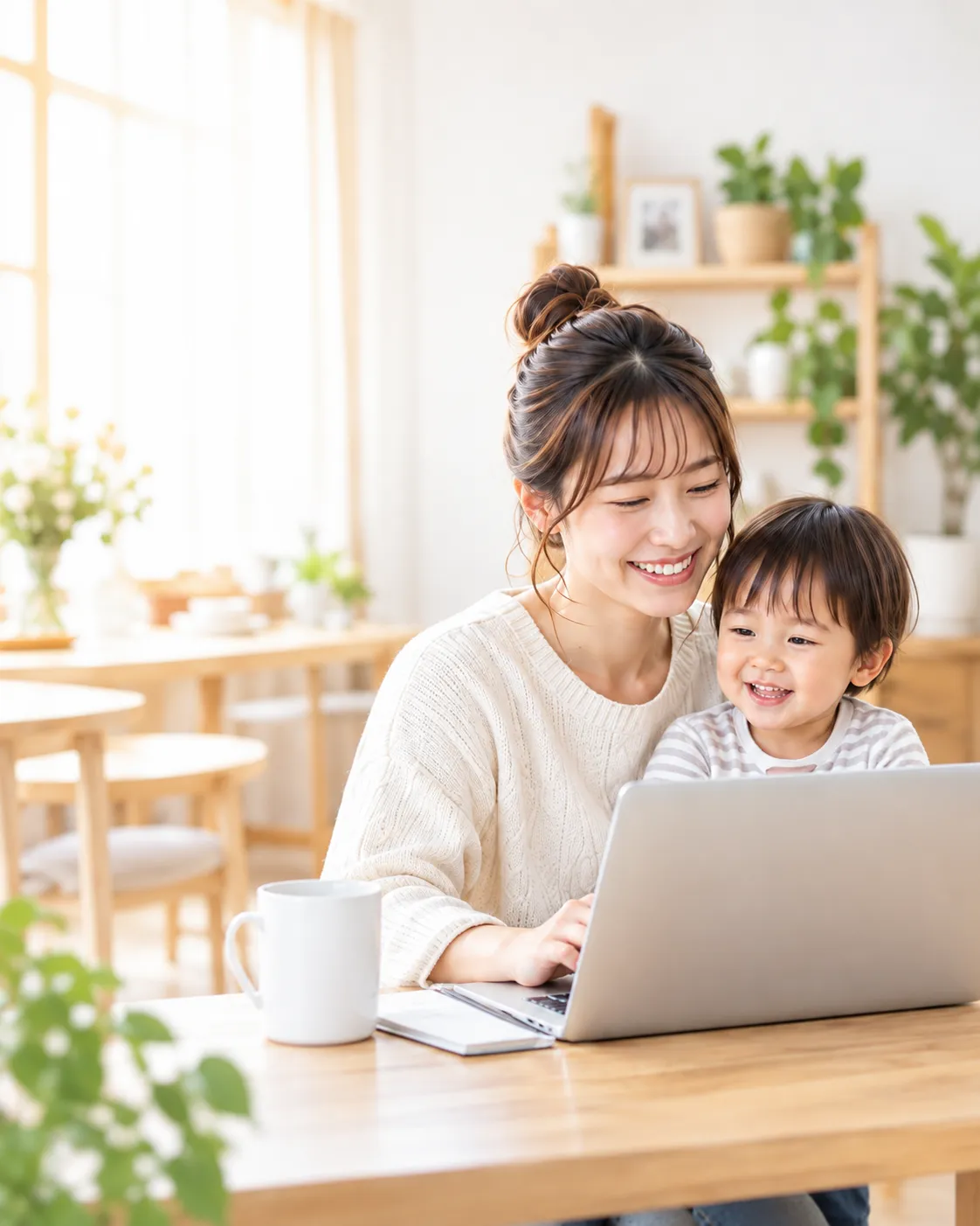 パソコンに向かう母親と子ども